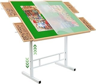 1500 Pieces Jigsaw Puzzle Table with Legs and Drawers, Adjustable Height and Tabletop Angle to Alleviate Neck and Back Pain, Portable Puzzle Table with Cover for Adults and Seniors