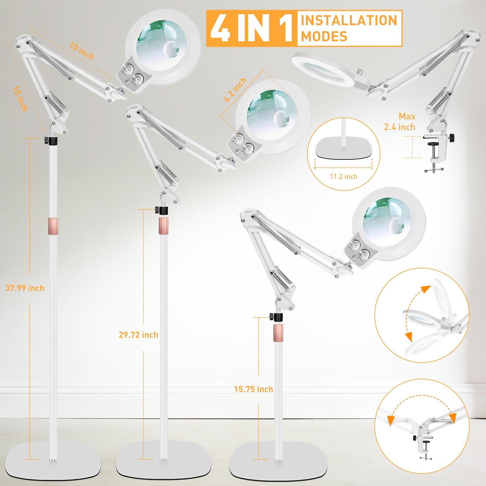 Lupa de suelo grande de 30 x 12 aumentos con luz y soporte, lámpara de aumento de suelo de altura ajustable, color infinito regulable, lámpara de lupa iluminada 4 en 1 para trabajos cercanos, lectura