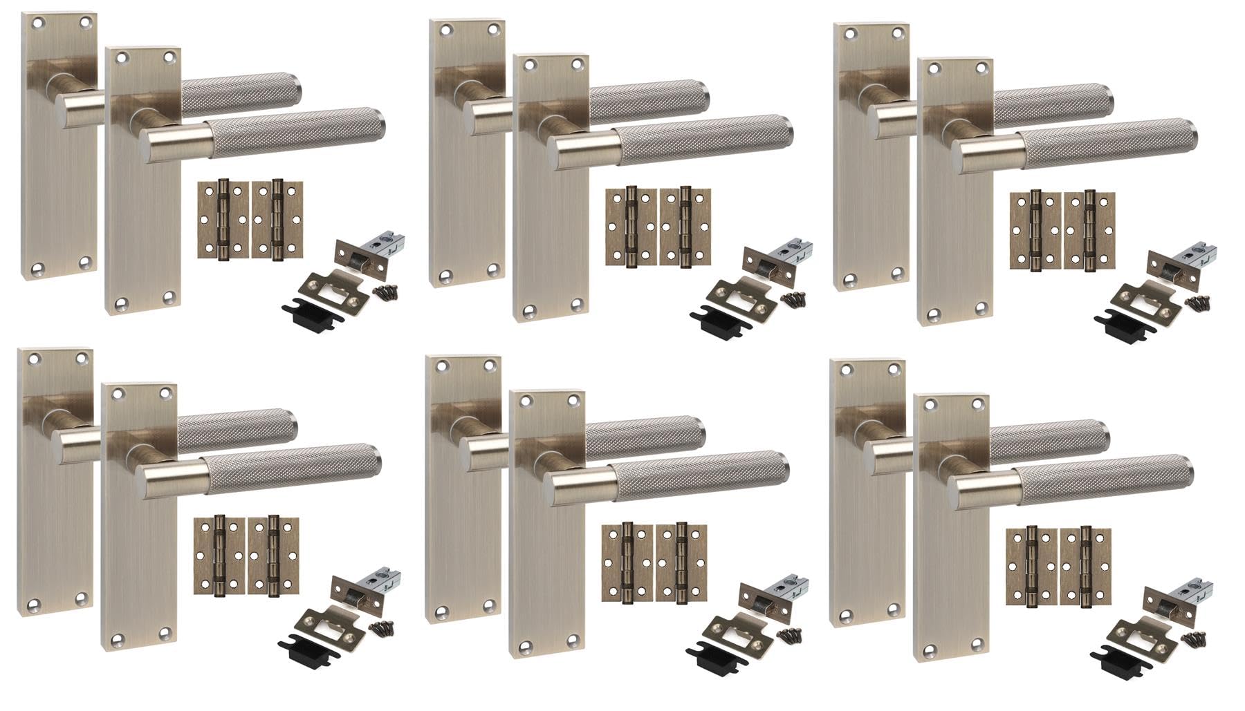 Golden Grace Antique Brass 6 Pair Victorian T-Bar Knurled Internal Door Handle Sets 150 X 40Mm With 2.5" Latch & Hinges