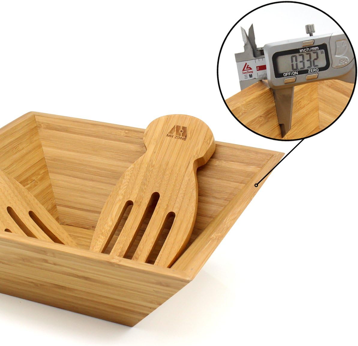 Amаzіng 🔥 MH ZONE Bamboo Salad Bowl Set with Serving Hands, 11inch x 4inch Diameter, includes large square bowl and matching salad servers, perfect size for serving 4-6 salad portions, Perfect Christmas Gifts