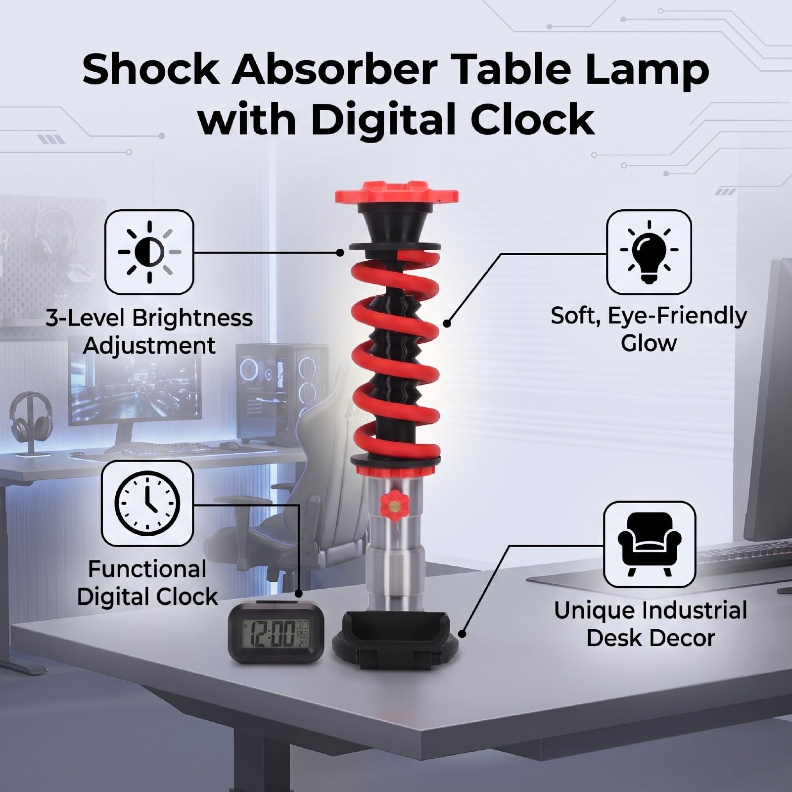 banapoy Lampada da Tavolo Ammortizzatore con Orologio Digitale | Lampada da Notte a LED in Stile Industriale, 3 Livelli di luminosità, Sveglia Digitale con Stampa 3D, Decor da scrivania