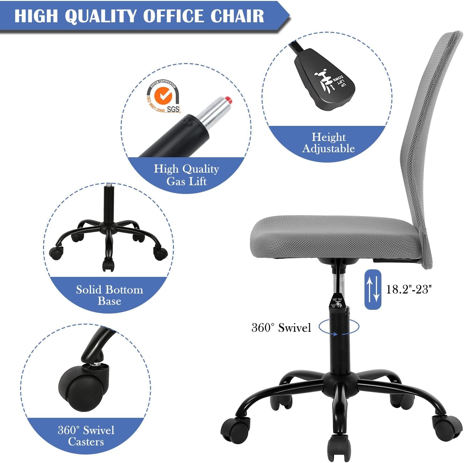 Ergonomic Chairs, Cute Adjustable Armless Office Desk Chair w/Mesh Back & Soft Thick Seat, Comfy Swivel Rolling Cheap Executive Small Computer Task Chair Sillas para Escritorio for Adult Women
