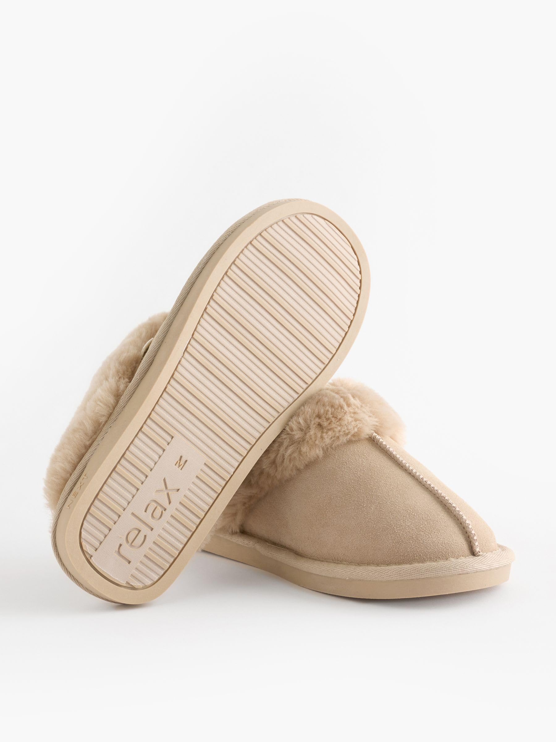 NEXT Damen Standard Velourslederpantolette mit Kunstfellfutter