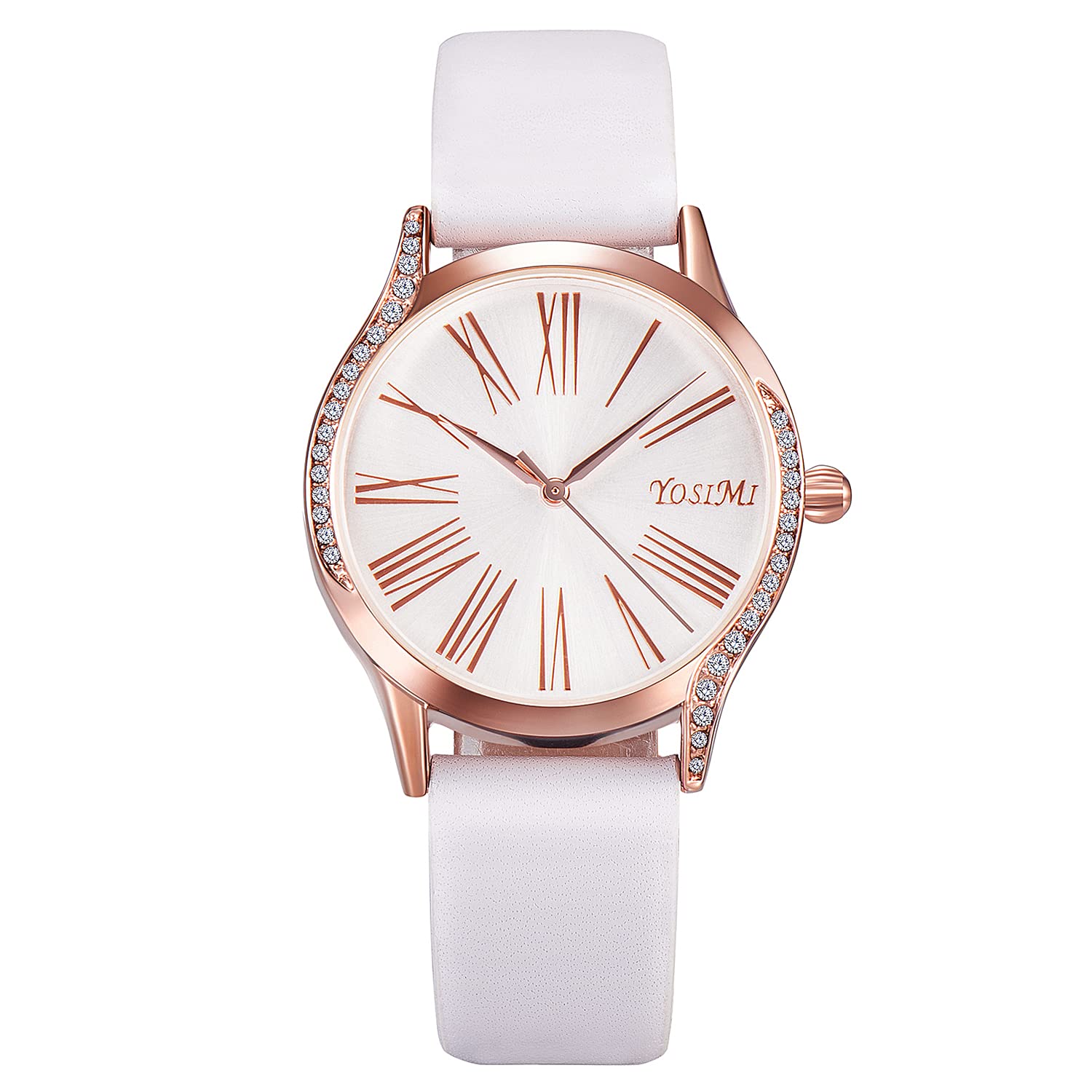 YOSIMI Womens Rosegold Watches Waterproof Stainless Steel Case with Crystals Japanese Quartz White Leather Strap Dress Style Gift 1 Mesh Strap