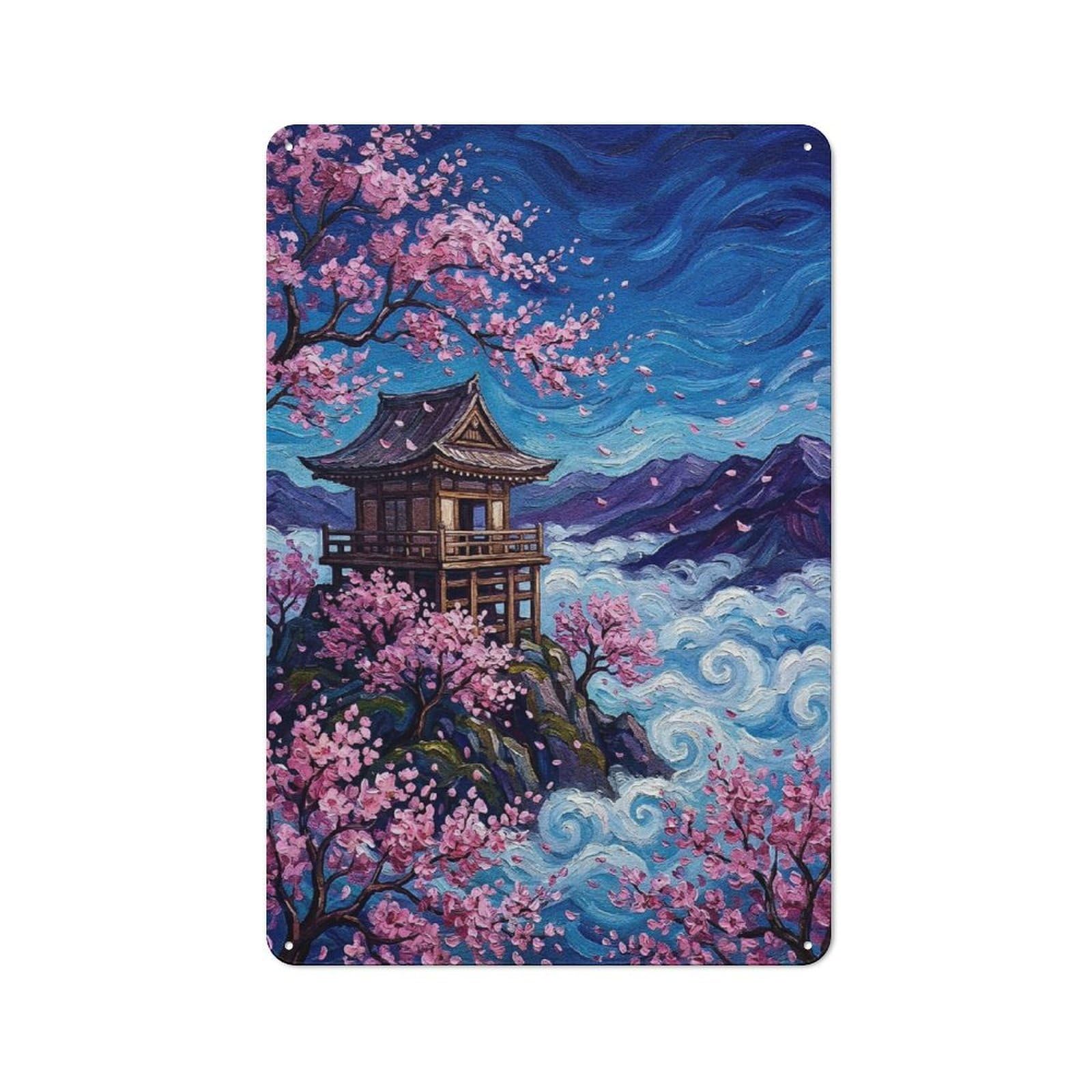 Junmoney Style-23 Japanese Pagoda With Cherry Blossoms Painting Decorative Metal Wall Decor 30X20cm, Decorative Tin Plaque For Bedroom, Kitchen, Office Or Living Room