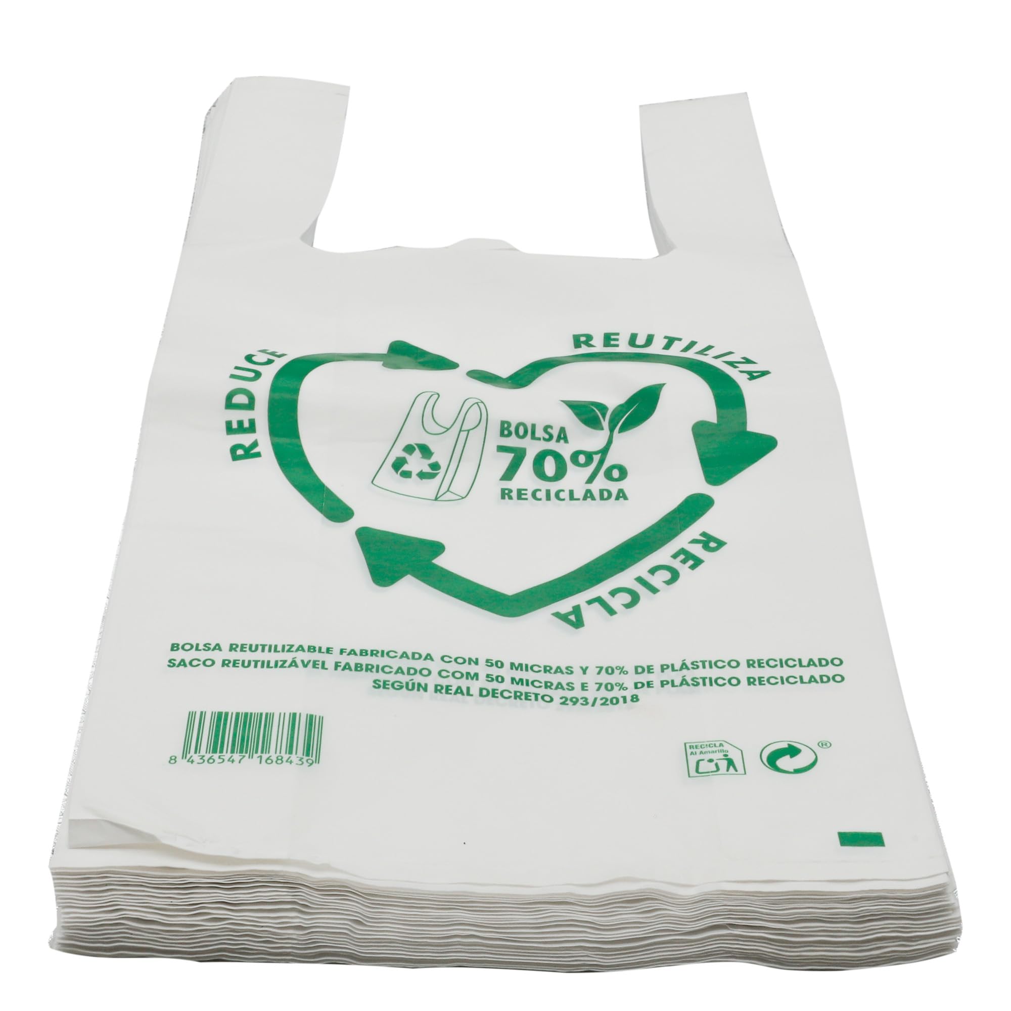 Bolsas de Plástico Asa Camiseta Blanco 50x60 cm 100 Unidades Reutilizables Resistentes 50 Micras 70% Reciclado Aptas Alimentación