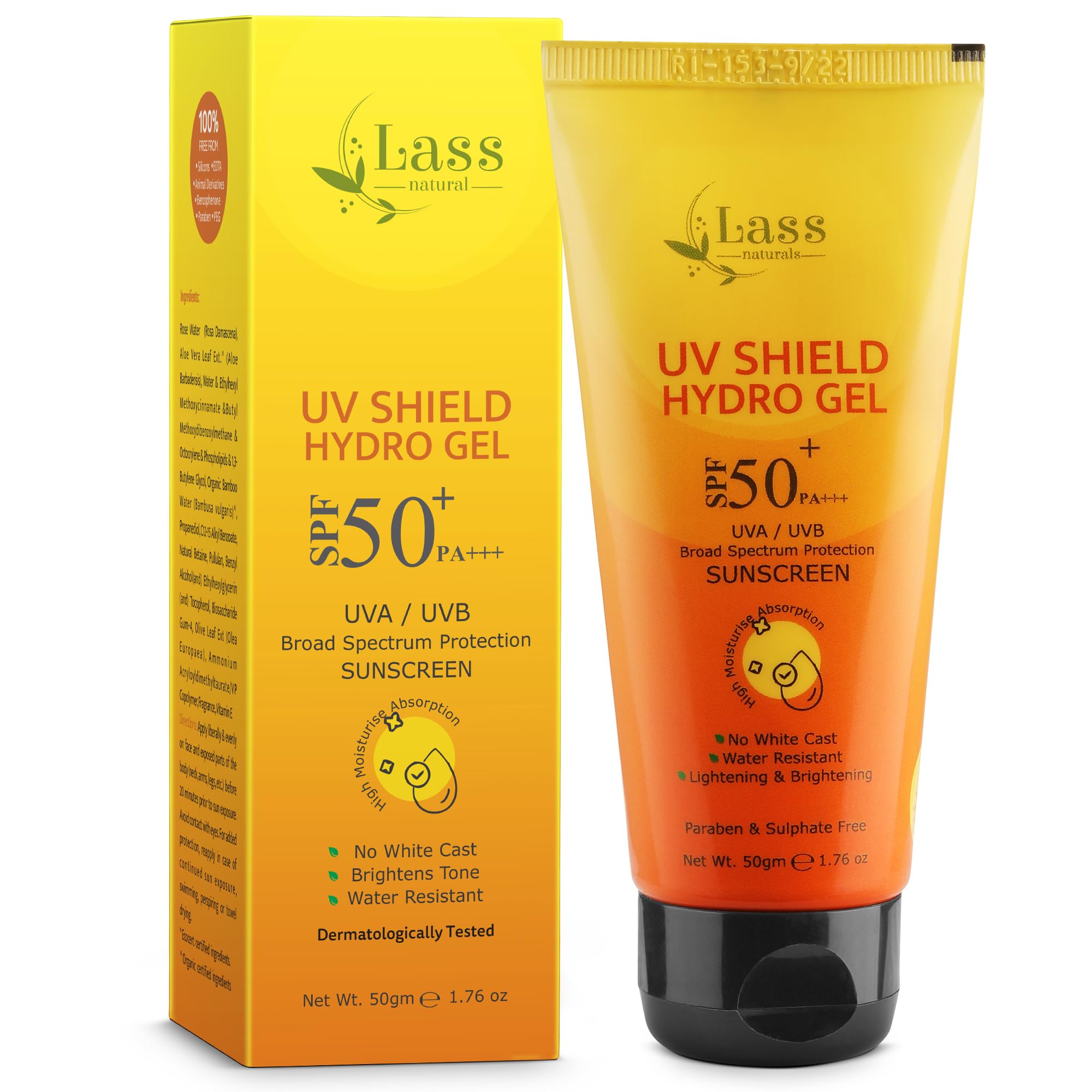 Lass Natural UV Shield Hydro Gel Sunscreen SPF 50+ PA+++ | Aqua Gel Sunscreen for Dry, Normal & Sensitive Skin | Broad Spectrum Protection | No White Cast | For Men & Women | 50gm
