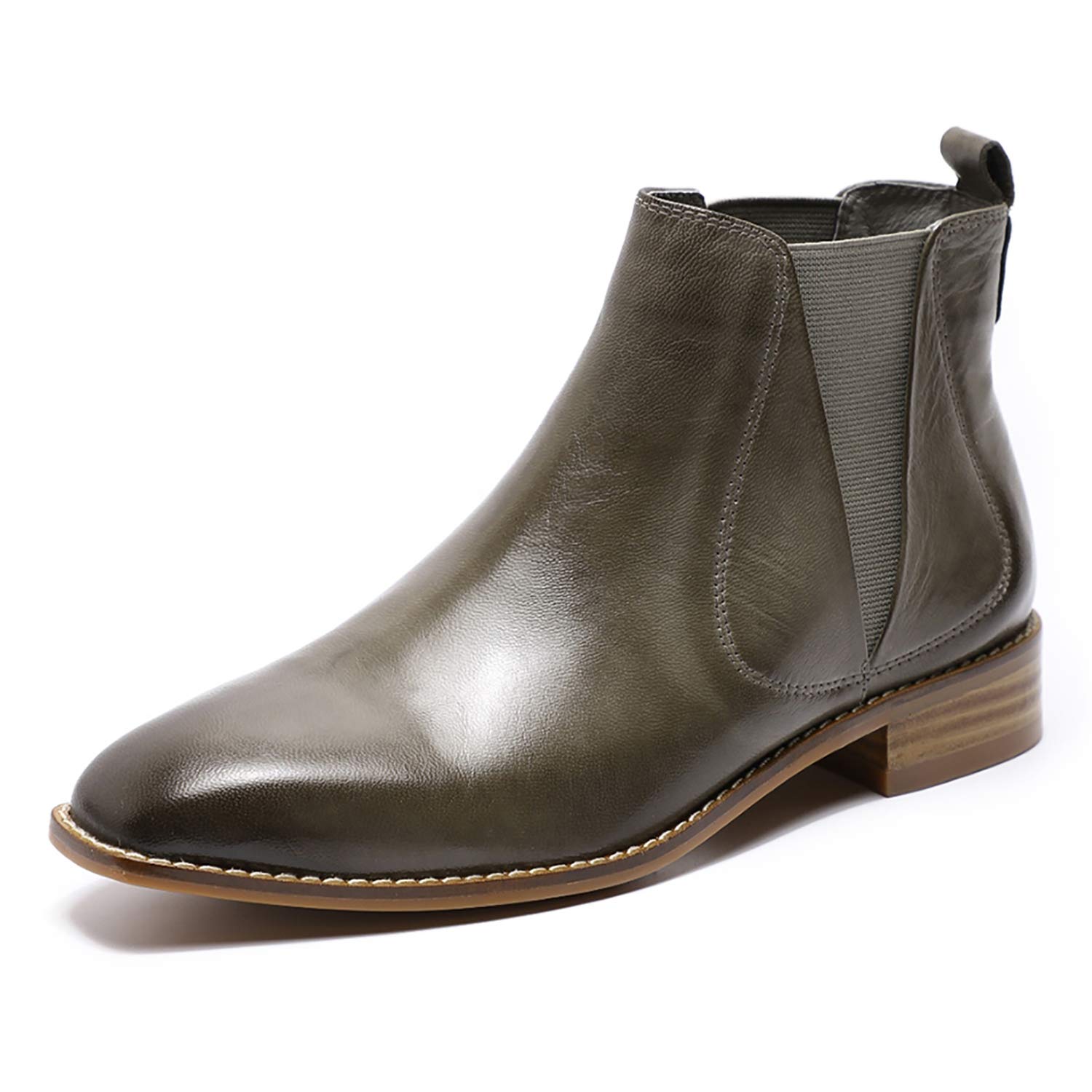 Mona flying Womens Classic Leather Chelsea Boot Low Heel Pull on Ankle Booties Square Toe