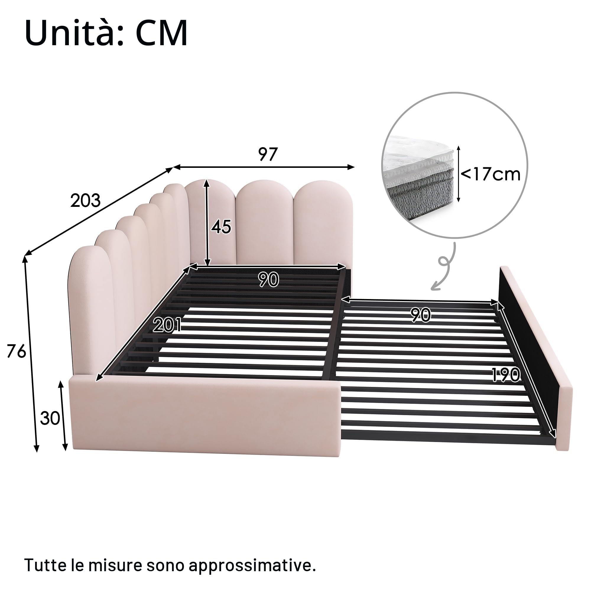 Letto imbottito, 90 x 200 cm, divano letto con letto estraibile, 90 x 190 cm, letto per bambini con rete a doghe, velluto, rosa, senza materasso
