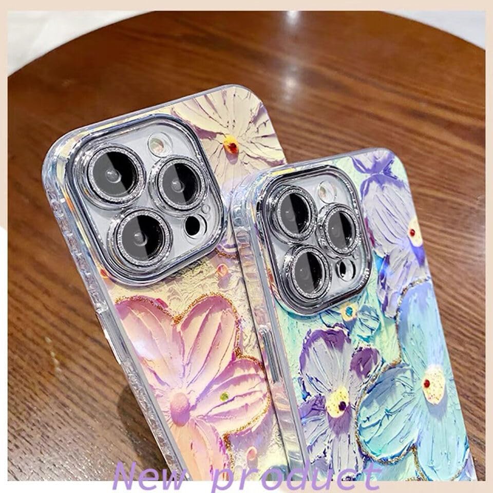Image of VONZEE Compatible with iPhone 15 Pro Case Laser Flower Oil Painting Cute Colorful Blue Ray Bumper with Full Camera Protection Shockproof PC+TPU Glossy Shiny Cover for Girls Women, Green