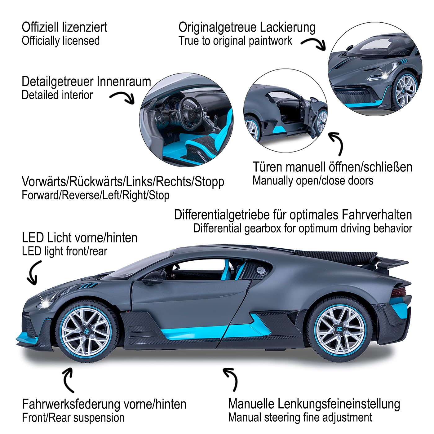 JAMARA 403131 - Bugatti Divo 1:14 2,4 GHz Drzwi ręczne, 11 km/h, wierne lakierowanie, szczegółowe wnętrze, światła do jazdy LED, drzwi można ręcznie otworzyć