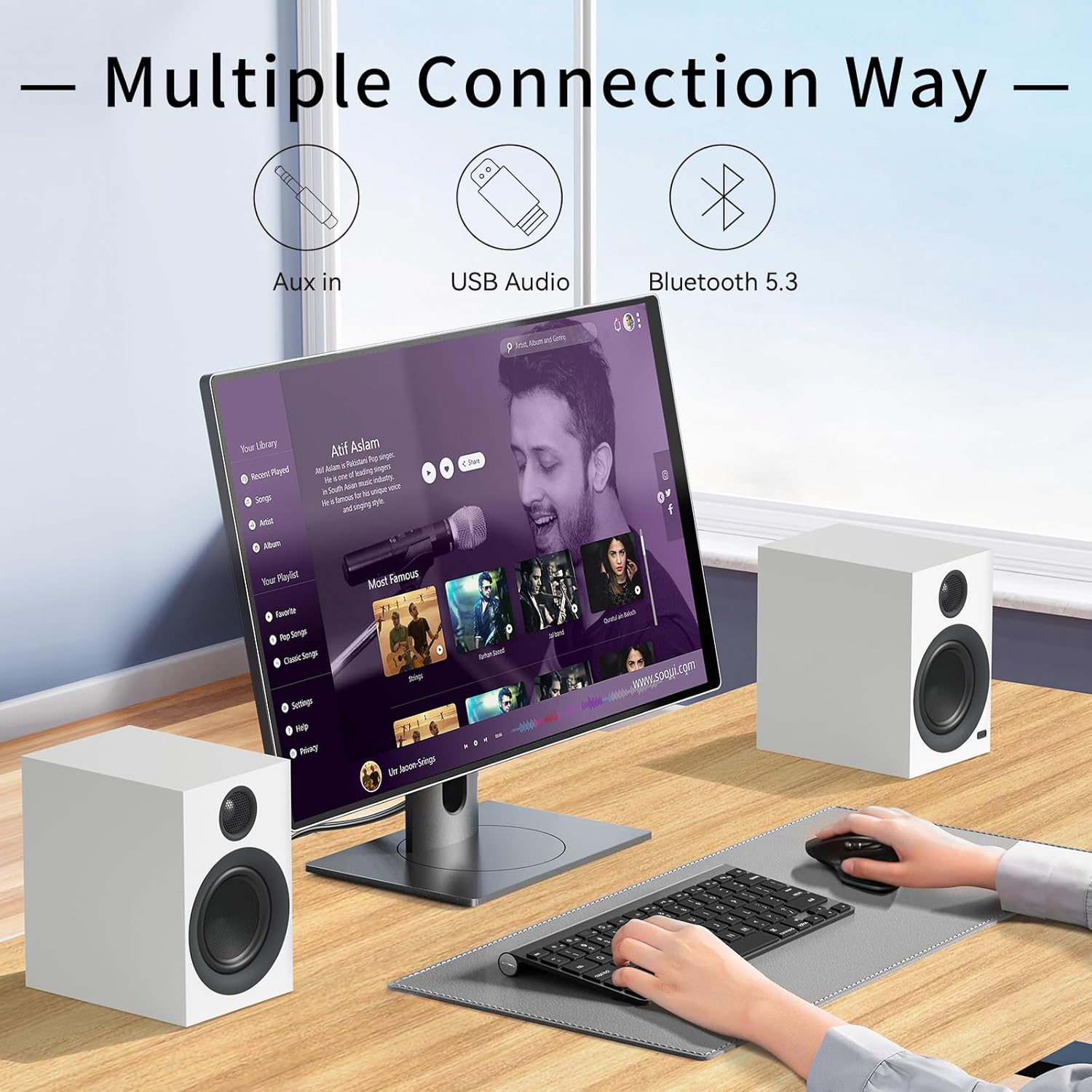 BS1 Bluetooth Bookshelf Speakers, 75W Powered Active Speaker with 4 Inch Woofer, HiFi Speaker with aptX Bluetooth USB for Home, Studio, Gaming, Set of 2, Matte White