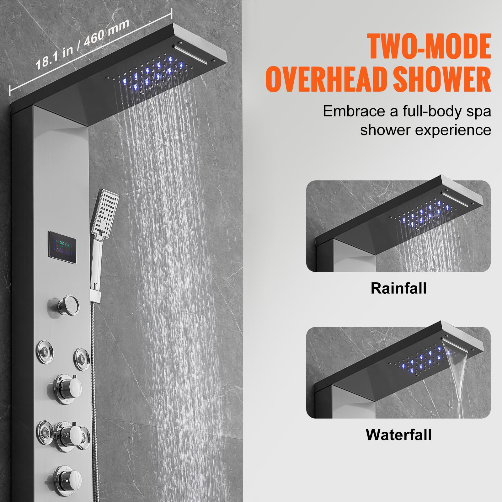 VEVOR Système de Panneau de Douche avec 6 Modes, Tour de Panneau de Douche Hydroélectrique LED Écran, Pluie, Cascade, 8 Jets de Massage, Bec de Baignoire et Pomme de Douche avec Tuyau, Salle de Bain