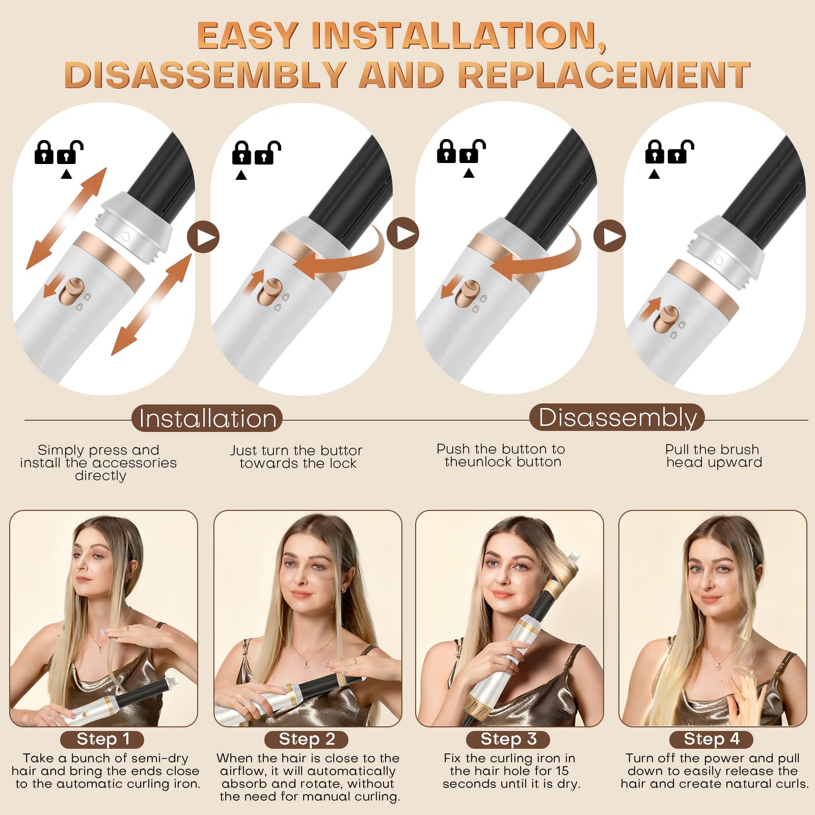 Cepillo Secador de Pelo 5 en 1, Air Styler Multifunción con Iones Negativos Secador, Rizador y Cepillo Alisador, 3 Temperaturas, 1000W Cepillo de Aire Caliente para Volumen, Alisa, Seco