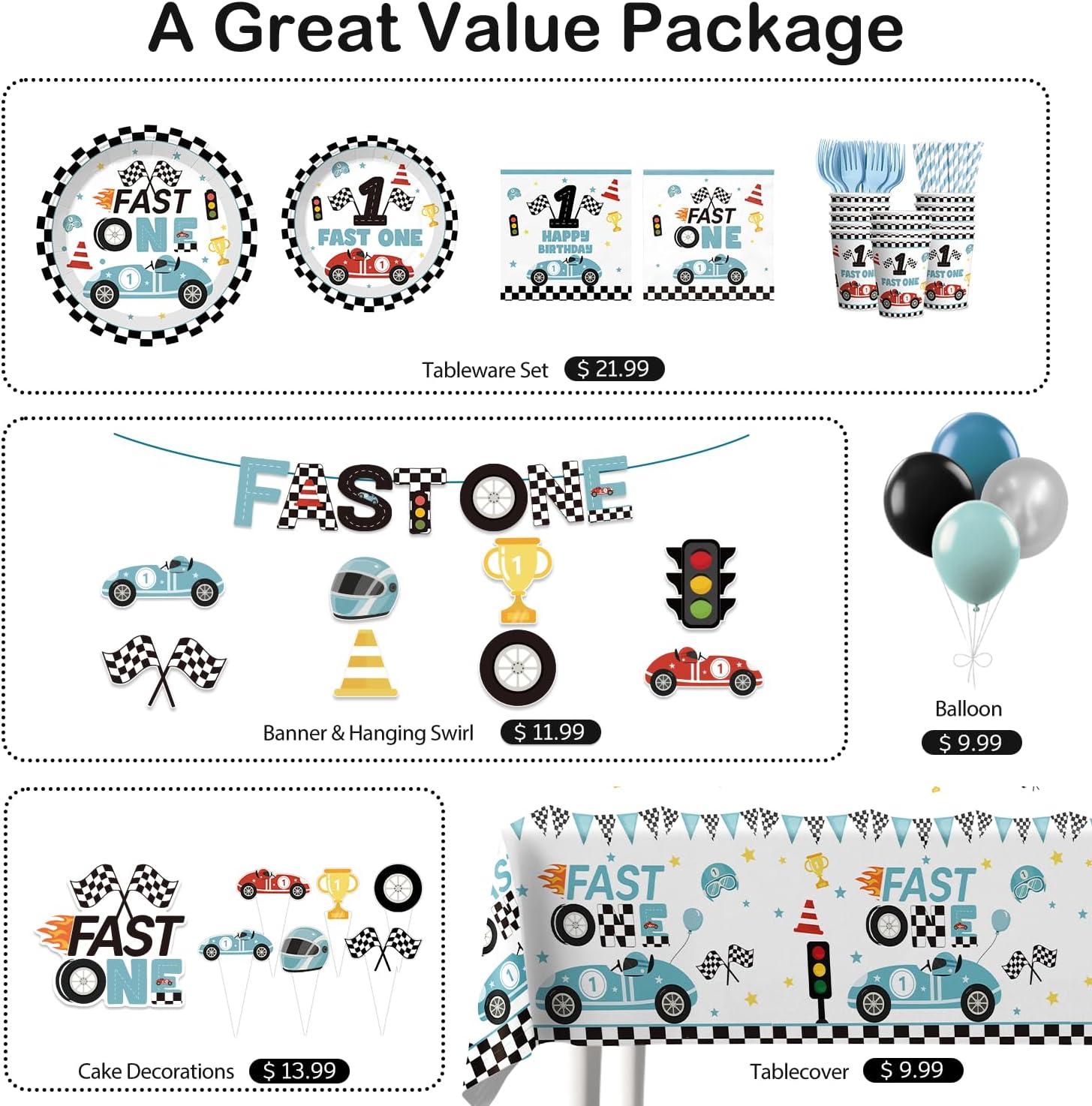 Xynic 160pcs Fast One Birthday Decorations For Boys Tableware Complete Party Set, Fast One Birthday Decorations, Blue Race Car & Car Theme 1st Party Supplies Boy, Serves 20 Guests - Image 3