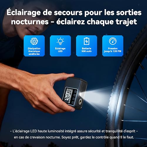 Pompe à Vélo Électrique, Pompe à Vélo Mini avec Manomètre, Pression Maximale de 120 Psi, Arrêt Automatique et Valves Presta et Schrader pour VTT, Vélos de Course, Etc (Produit Phare) - 7