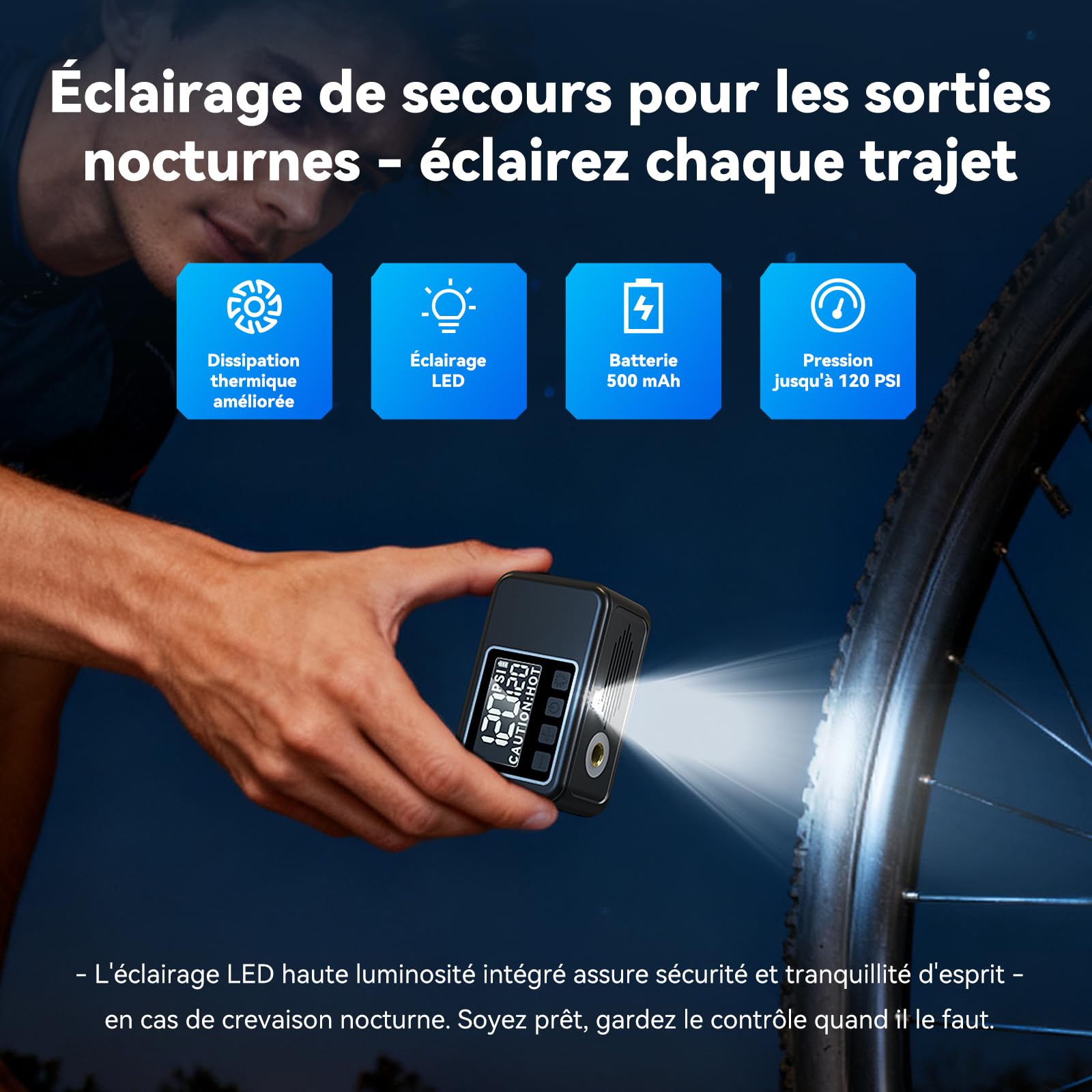 Pompe à Vélo Électrique avec Manomètre 120 Psi, Arrêt Automatique, Valves Presta et Schrader pour VTT et Vélos de Course