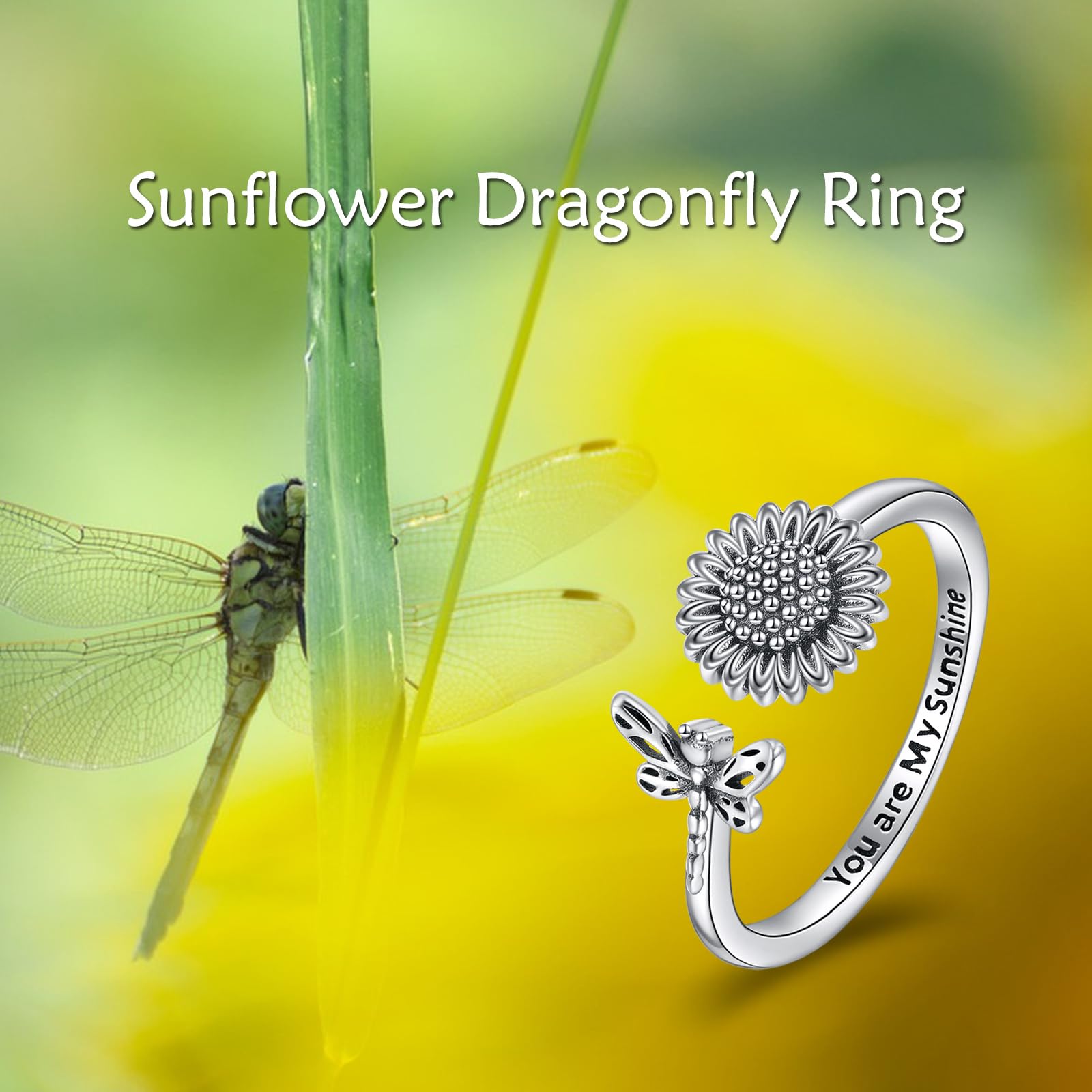 YFN Sunfower - Anillo de plata de ley vintage ajustable con girasol, regalo para mujeres y niñas