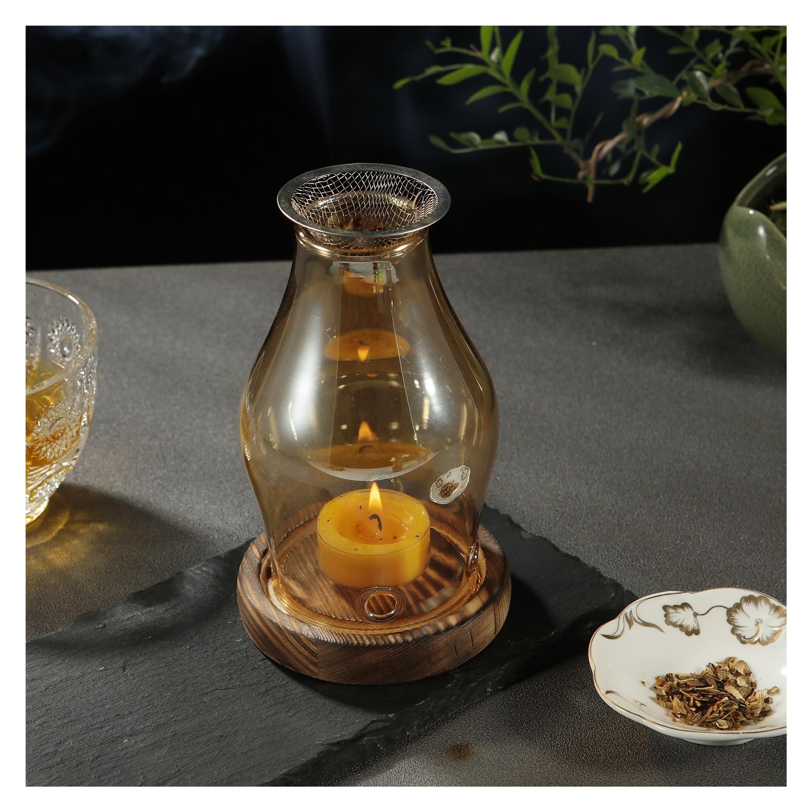 Kerzenhalter aus Glas mit Holzsockel, Aromatherapie-Brenner