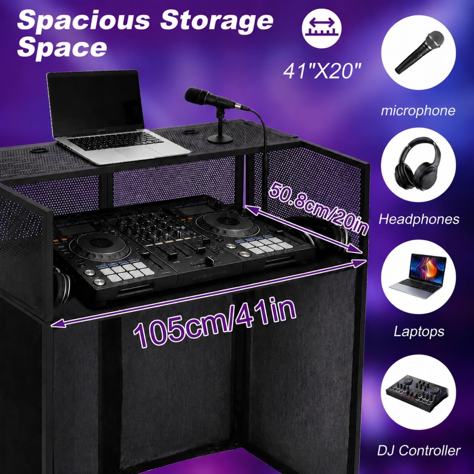 Tragbarer DJ Tisch 105x51cm, Klappbares Pult mit Lichtbespannung, Stabiler Booth für DJs mit Kabeldurchführungen & Tasche, Ideal für Events