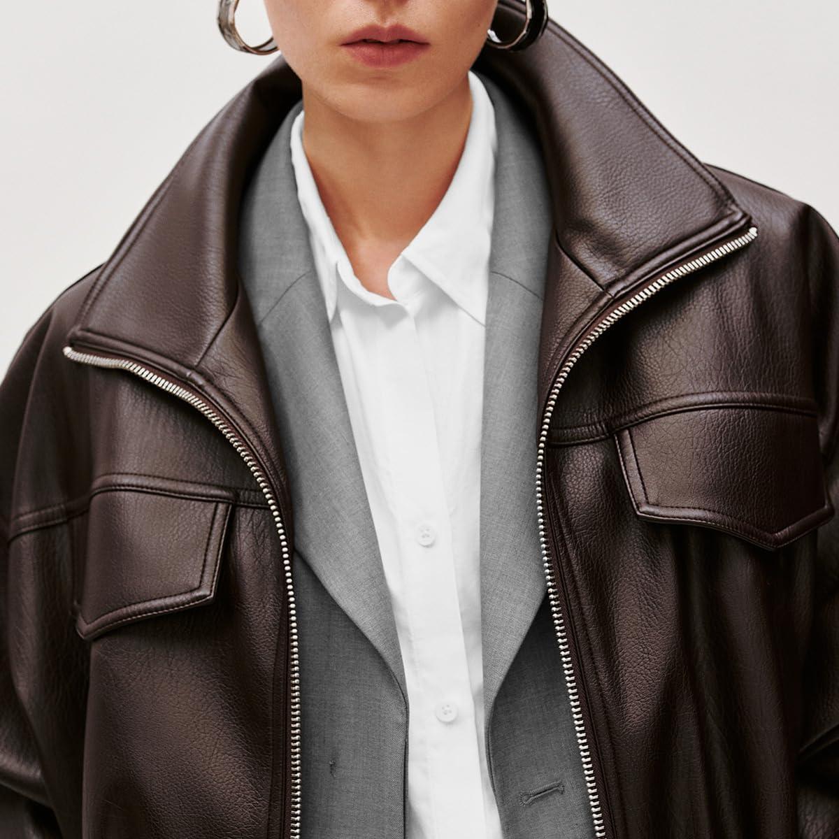 URBAN REVIVO Brown Cropped Faux Leather Jacket for Women, Belted Waist with Oversized Lapel - Image 8