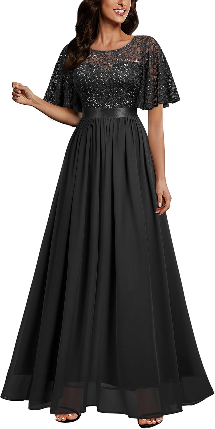 Miusol Women's Elegant Sequin Lace Butterfly Sleeve Formal Evening Maxi Dress