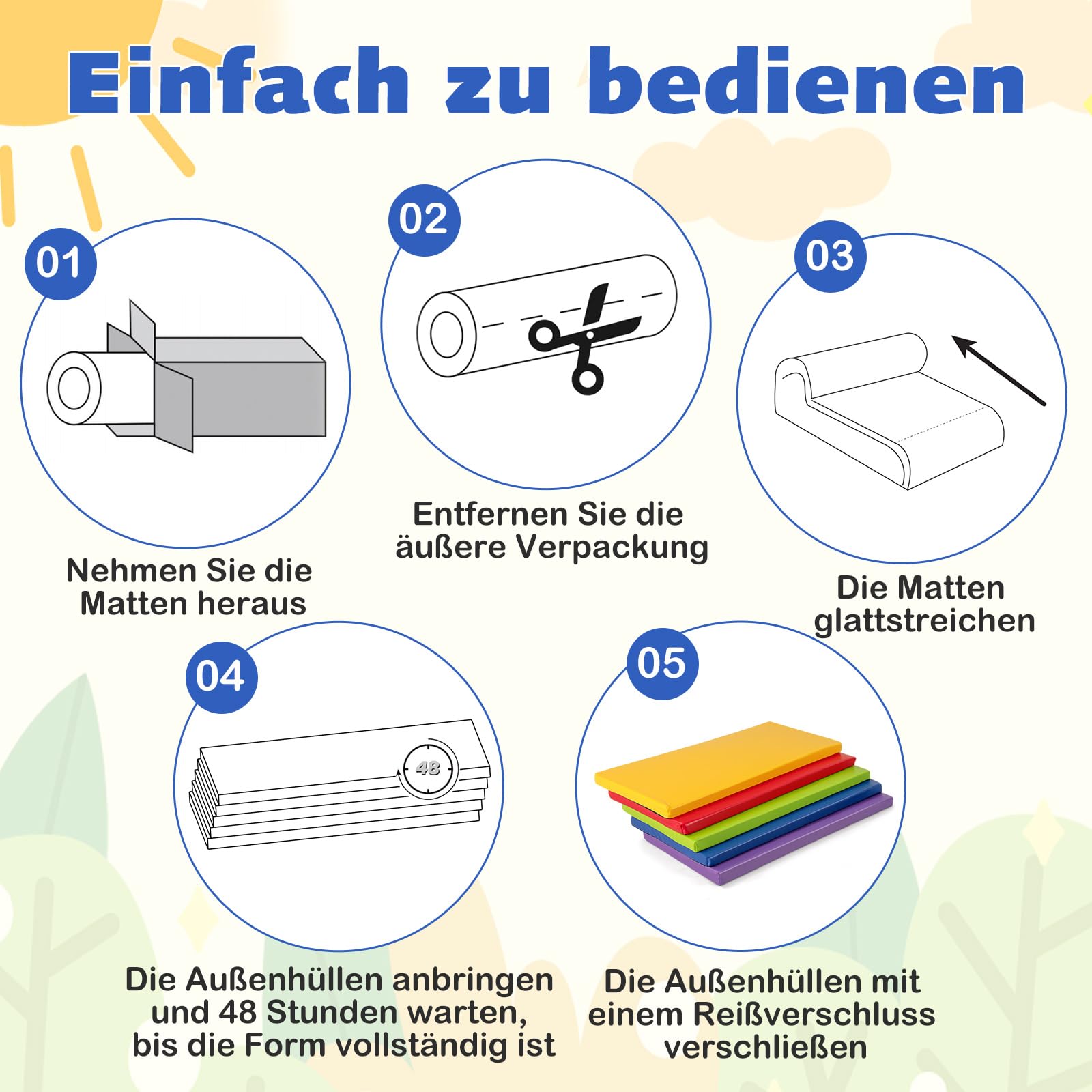 COSTWAY 5 er Set Turnmatte Kinder, 120 x 60cm Weichbodenmatte bunt, Gymnastikmatte aus Kunstleder, tragbar & Stapelbar, Sportmatte Kindermatratze für Zuhause, Kindergarten