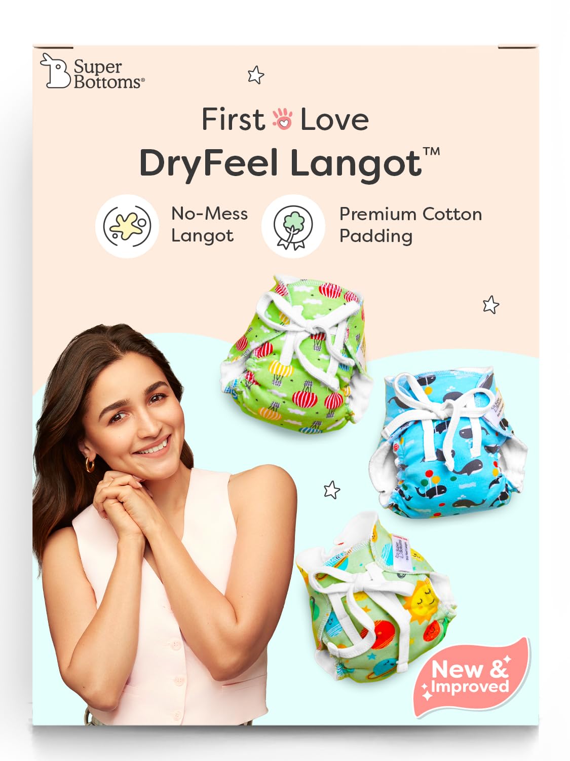 SuperBottoms DryFeel Langot for Newborn – Pack of 3 | Soft, Reusable Cotton Nappy with Mess-free Outer Layer | Diaper-Free Time Essential | Adjustable Baby Langot (Fits up to 10 kg) SuperBottoms DryFeel Langot for Newborn – Pack of 3 | Soft, Reusable Cotton Nappy with Mess-free Outer Layer | Diaper-Free Time Essential | Adjustable Baby Langot (Fits up to 10 kg)