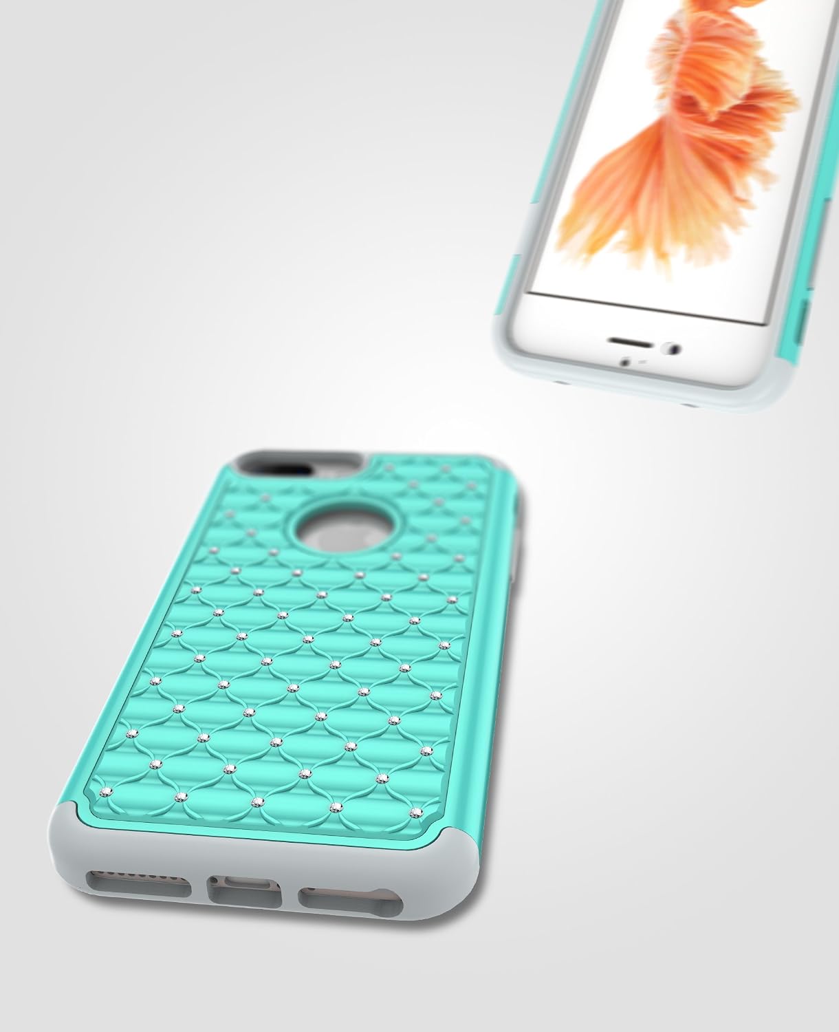 Style4U iPhone 8 Plus/iPhone 7 Plus Case, Shock Resistant Studded Rhinestone Crystal Bling Hybrid Armor Case Cover w/ 1 Stylus [Mint Green/Grey]