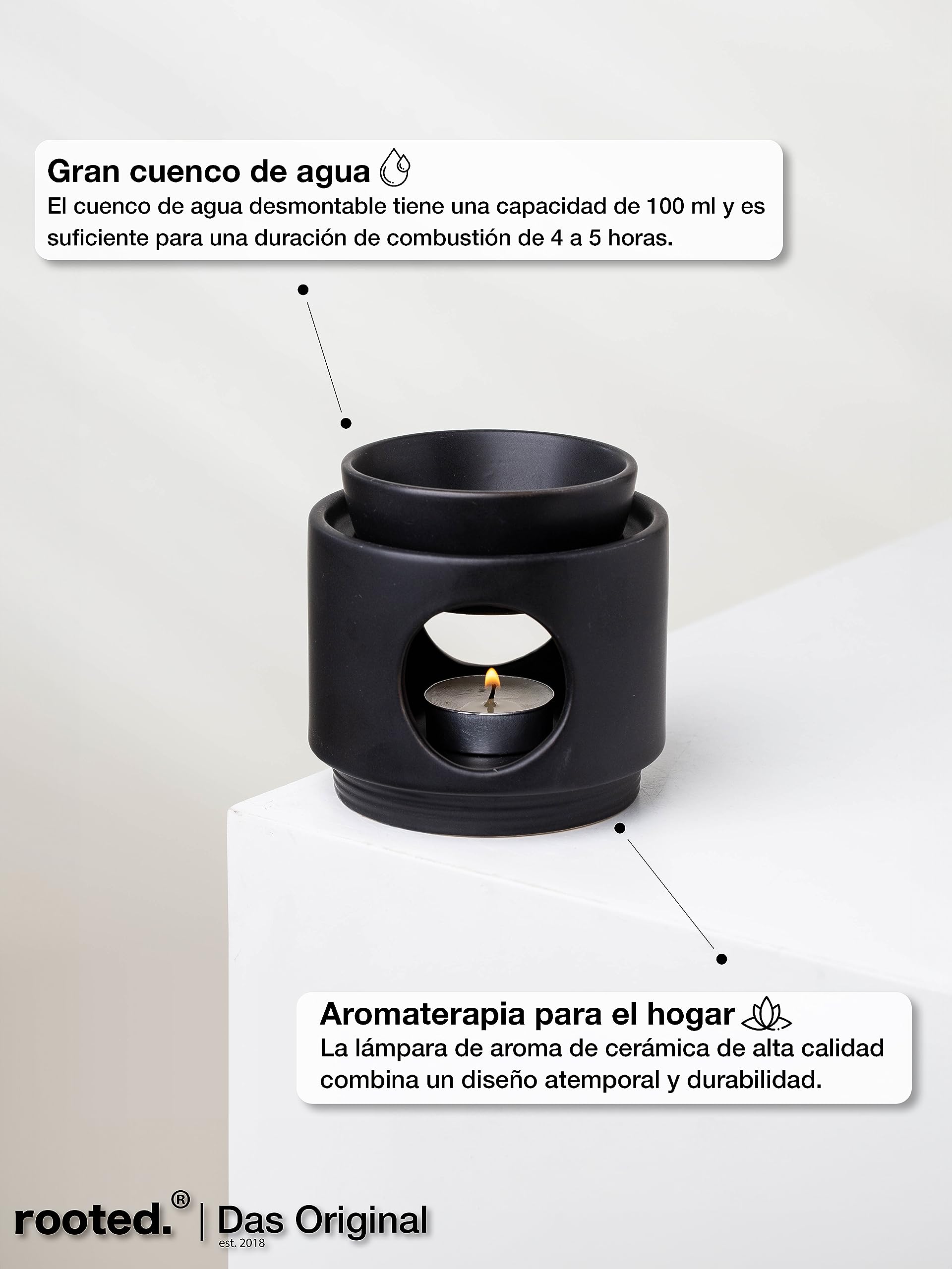 rooted. Quemador de aceite de diseño de cerámica, lámpara aromática de diseño de cerámica, quemador de velas para aceites esenciales, cera derretida, quemador de aceite para velas de té, negro mate