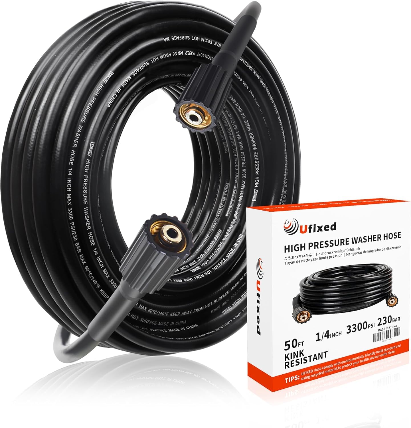 Flexibler Hochdruckreinigerschlauch 15,2 m × 1/4" Zoll, 230 bar (3300 PSI), knickresistent mit M22 Messinganschluss 14 mm, Ersatzschlauch für Hochdruckreiniger, Schwarz