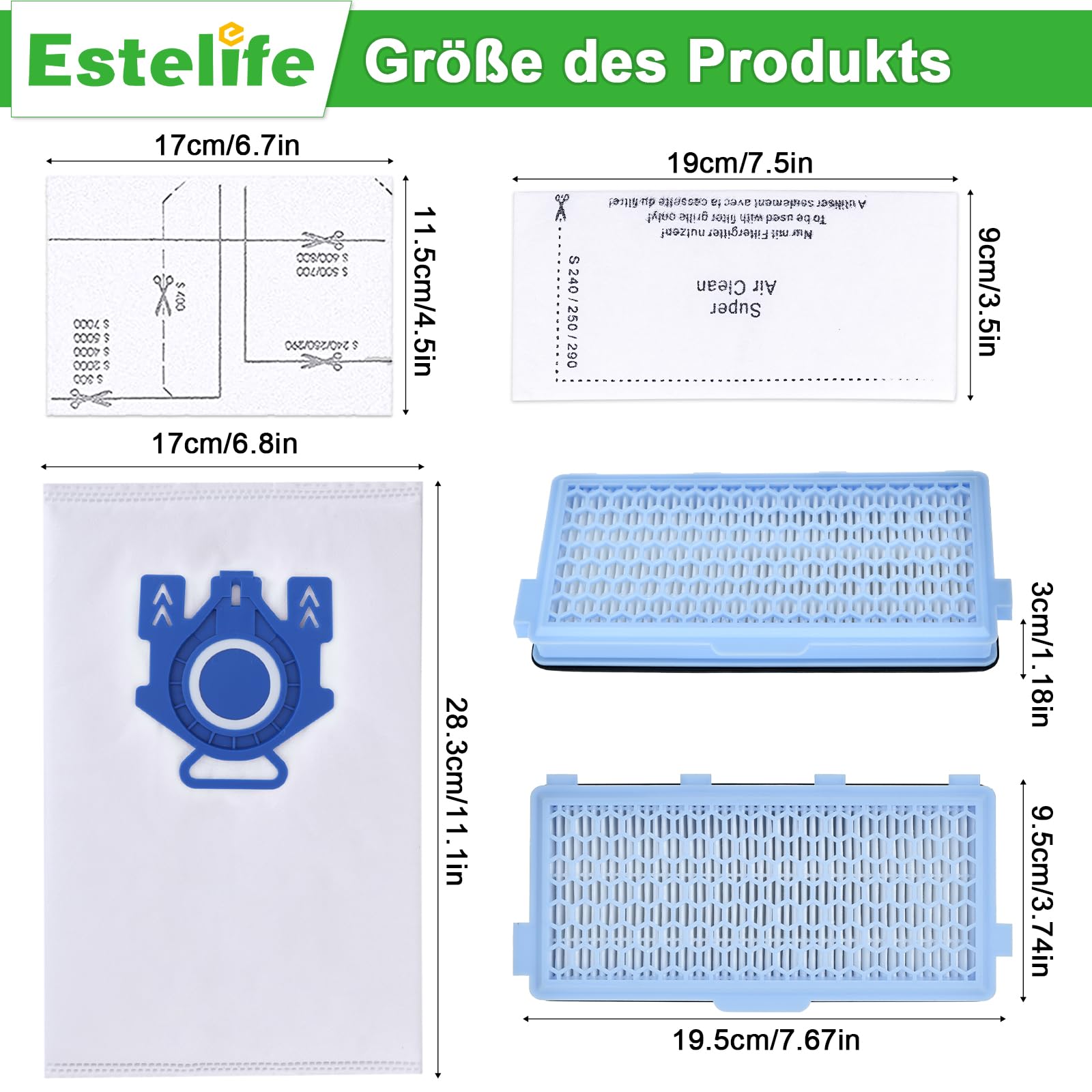 Filtro per Miele aspirapolvere Active Airclean Plus 50 Compact C1&C2, Complete C2&C3, S8340 S4000 S5000 S6000 S8000, 6 sacchetti GN + 3 filtri HEPA+6 microfiltri, filtro aspirapolvere per Miele serie