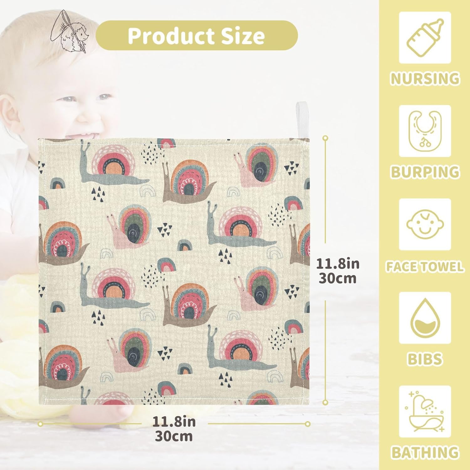 Rainbow Snails 100% Cotton Soft and Absorbent Terry 11.8" x 11.8" Wash Cloths Wipes for Face Hand Body Burp Rag with Sensitive Skin for Newborns Infants Toddlers