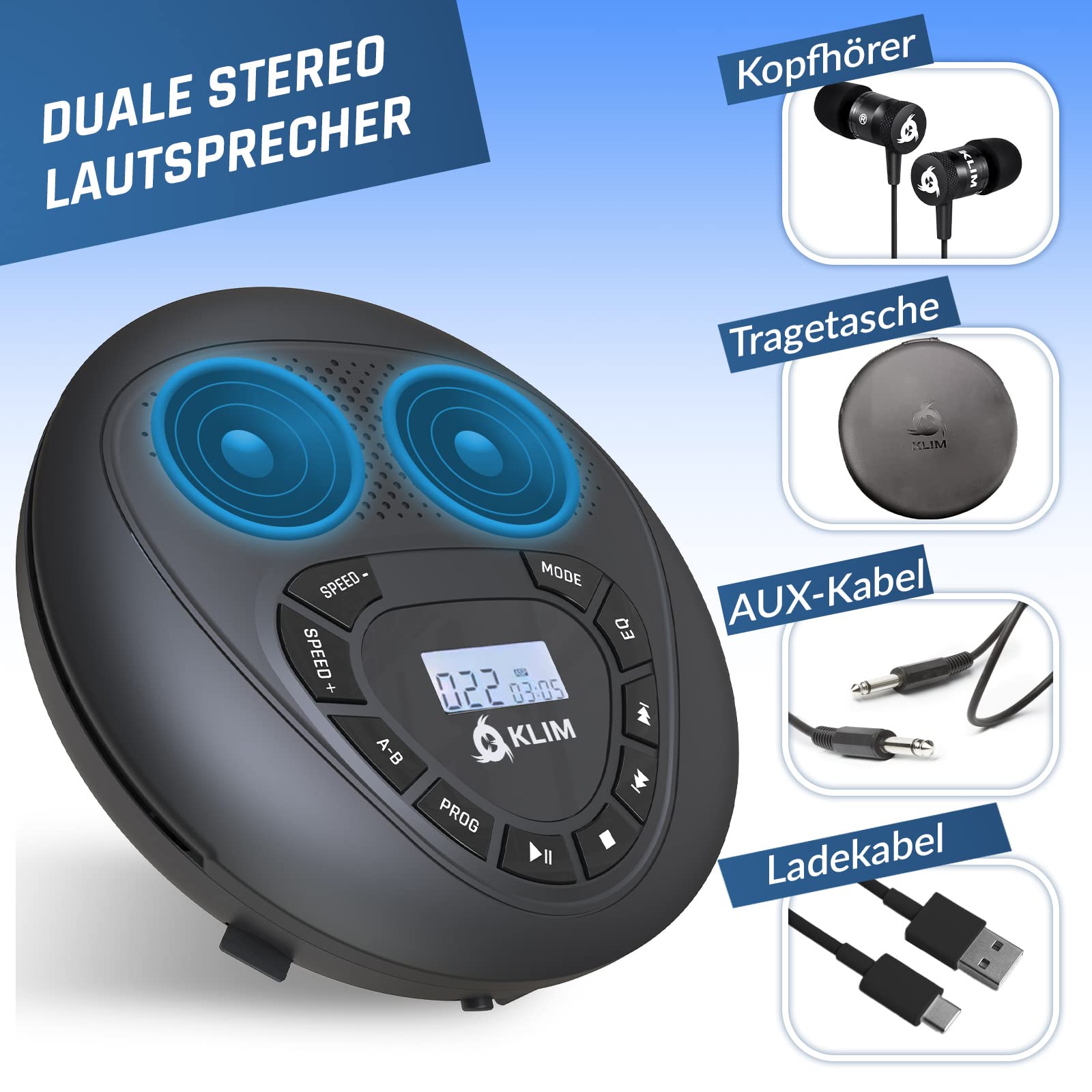 KLIM Speaker - CD Player mit Lautsprecher - NEU - Wiederaufladbarer Akku - Tragbarer CD-Spieler mit Kopfhörern - SD/TF-Karte - AUX - Idealer Auto-CD-Spieler - CD Player tragbar mit Lautsprecher