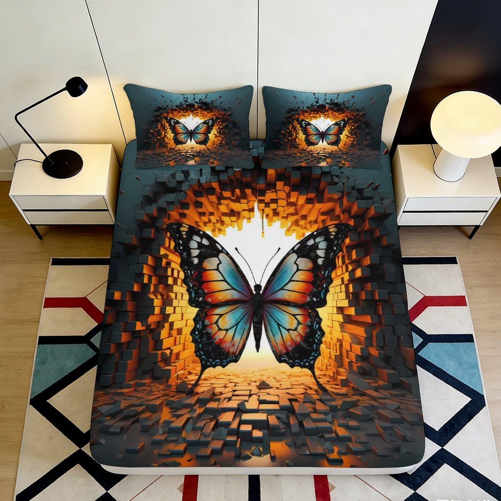 3D Printed Orange Butterfly Fitted Sheet Microfiber Soft Non-Slip Bed Cover for Bedroom Guestroom Dorm Decor 90x200x25cm