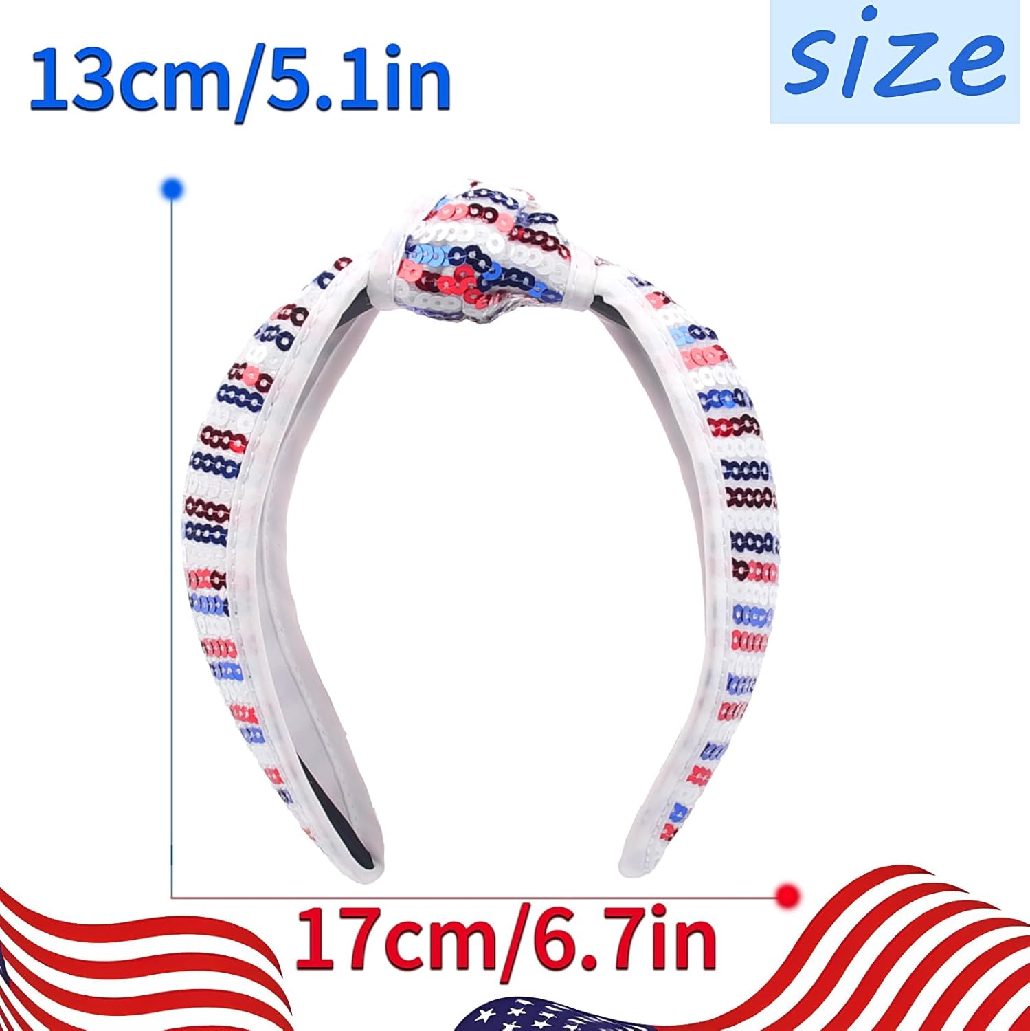 4th of July Knotted Headbands for Women Girls Fourth of July Headband Red White and Blue Sequin Patriotic Hairband Sparkly American Flag USA Independence Day Head Band Hair Accessories Fashion Gifts - Image 7