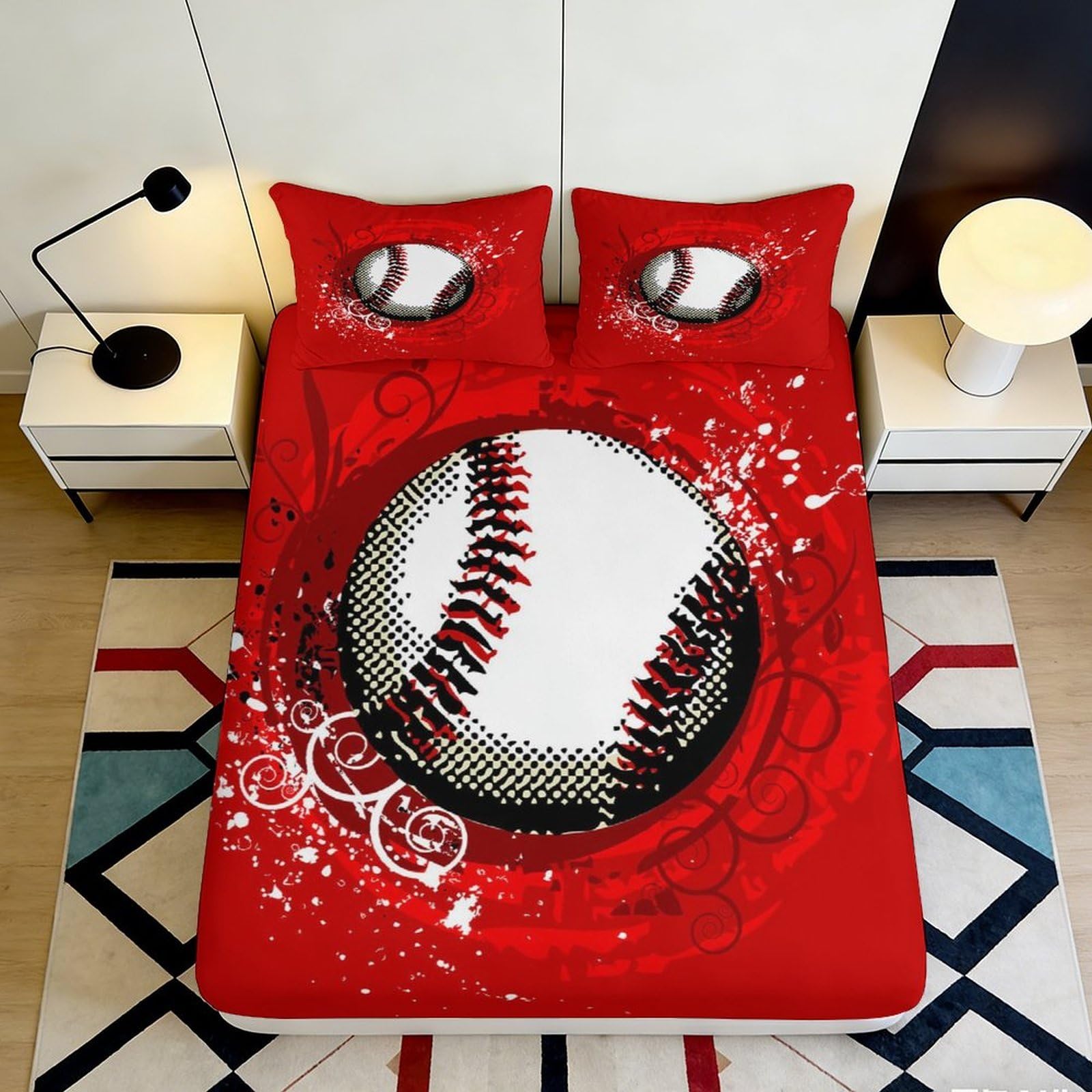 3D Printed Baseball Splash Fitted Sheet Microfiber Red Sports Bed Cover for Bedroom Guestroom Mattress Protection 90x200x25cm