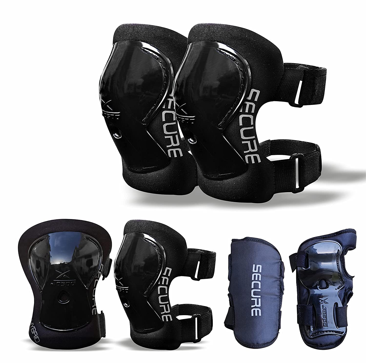 Jaspo Secure Hybrid Professional Protective Gear Set (Knee/Elbow/Wrist Guard) for Skateboarding, Roller Skating, Inline Skating, Cycling and Other Sports Kids, Boys and Girls (M, Black)