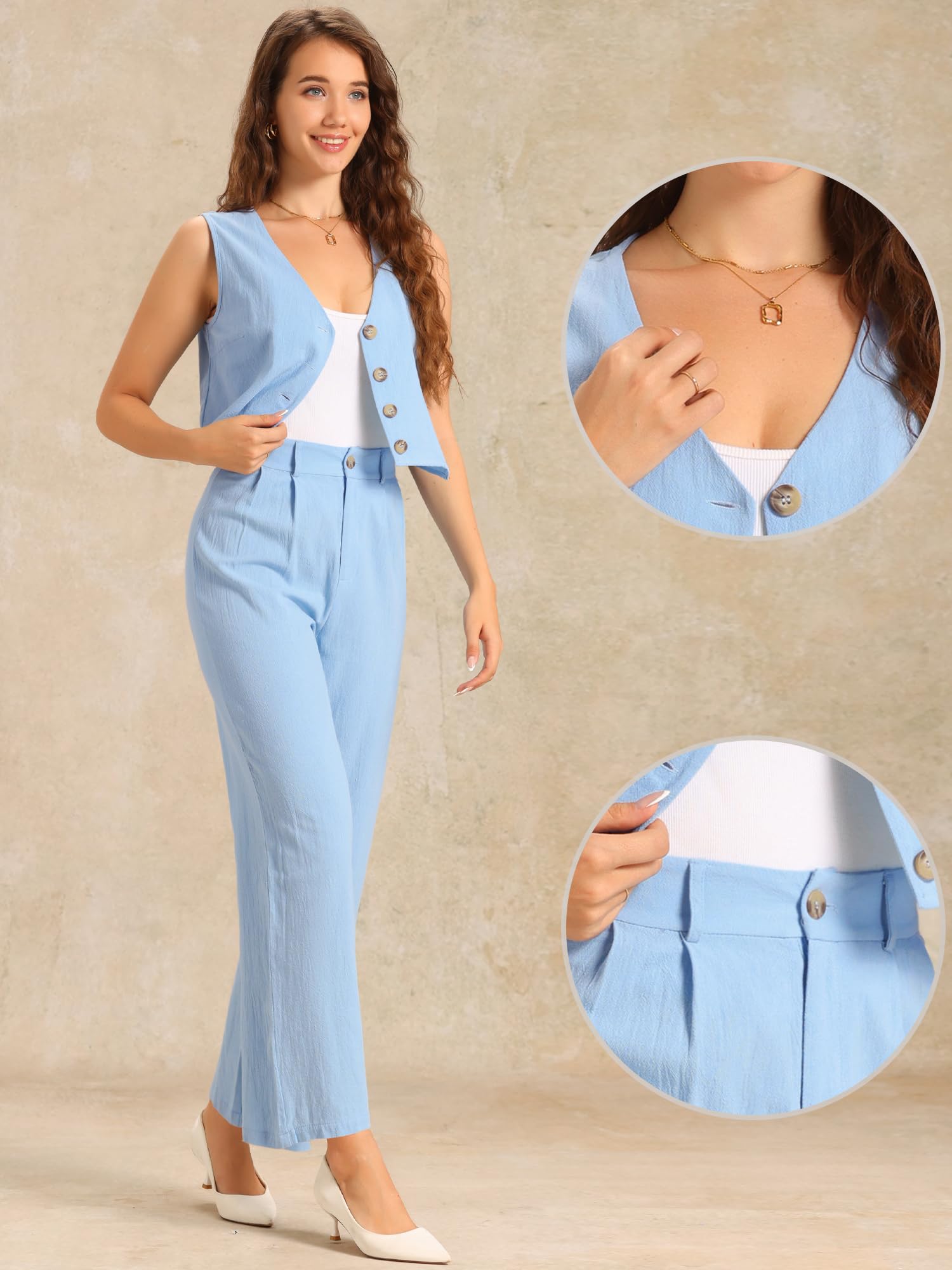 Allegra K Femme Ensemble Lin Veste Courte Pantalon Large Jambe | Haut sans Manches avec Pantalon Tissu Coton Doux Idéal Plage Travail Voyage Fermeture Boutonnée