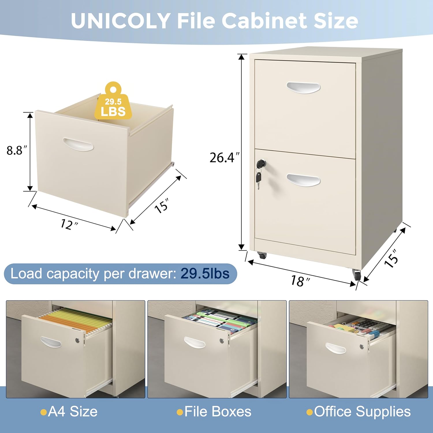 2 Drawer File Cabinet with Lock, Metal File Cabinets for Home Office, Under Desk Storage, Printer Stand, Office File Cabinets for Letters and File Boxes, Assembly Required, Cream