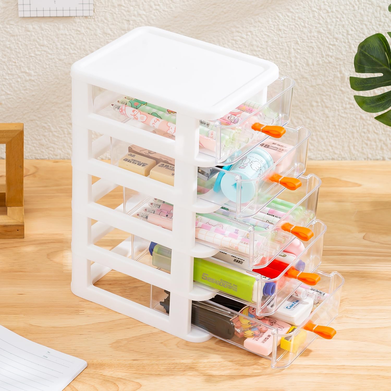Gagee 5 Drawer Mini Stackable Storage Drawers,Plastic Dressers with Drawers for Arts and Crafts, Small Tools, Sewing Accessories, Stationary, and Hardware,Clear/White Frame