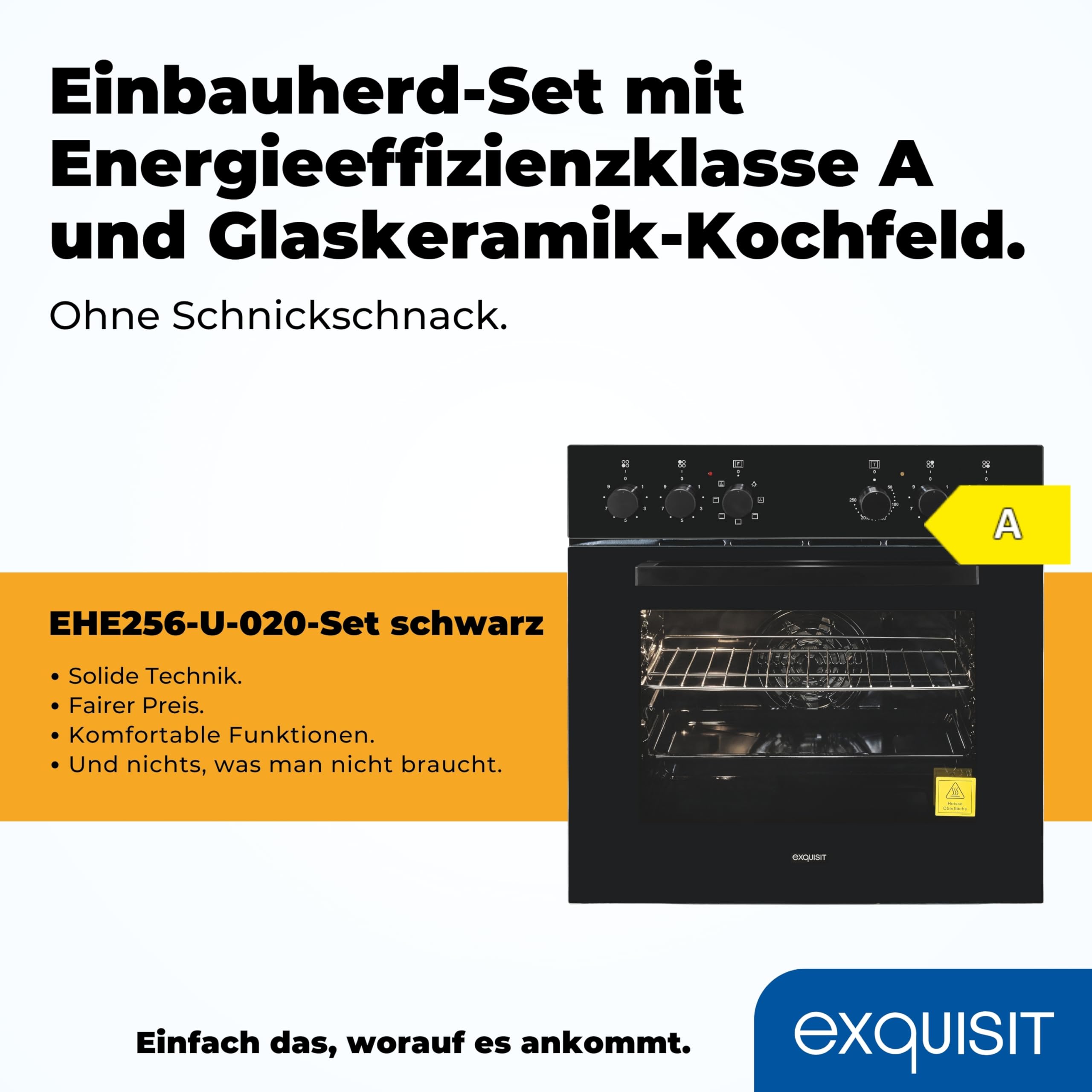 Exquisit Einbauherdset EHE256-U-020-Set schwarz | 59 l Garraumvolumen | 5 Backofenprogramme | Energieklasse A | Kochfeld mit Rahmen