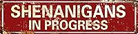 AWISZZZ 'Shenanigans In Progress' Vintage Metal Tin Sign - Retro 16x4 Inch Wall Art for Bathroom, Kitchen, Home & Gothic Decor