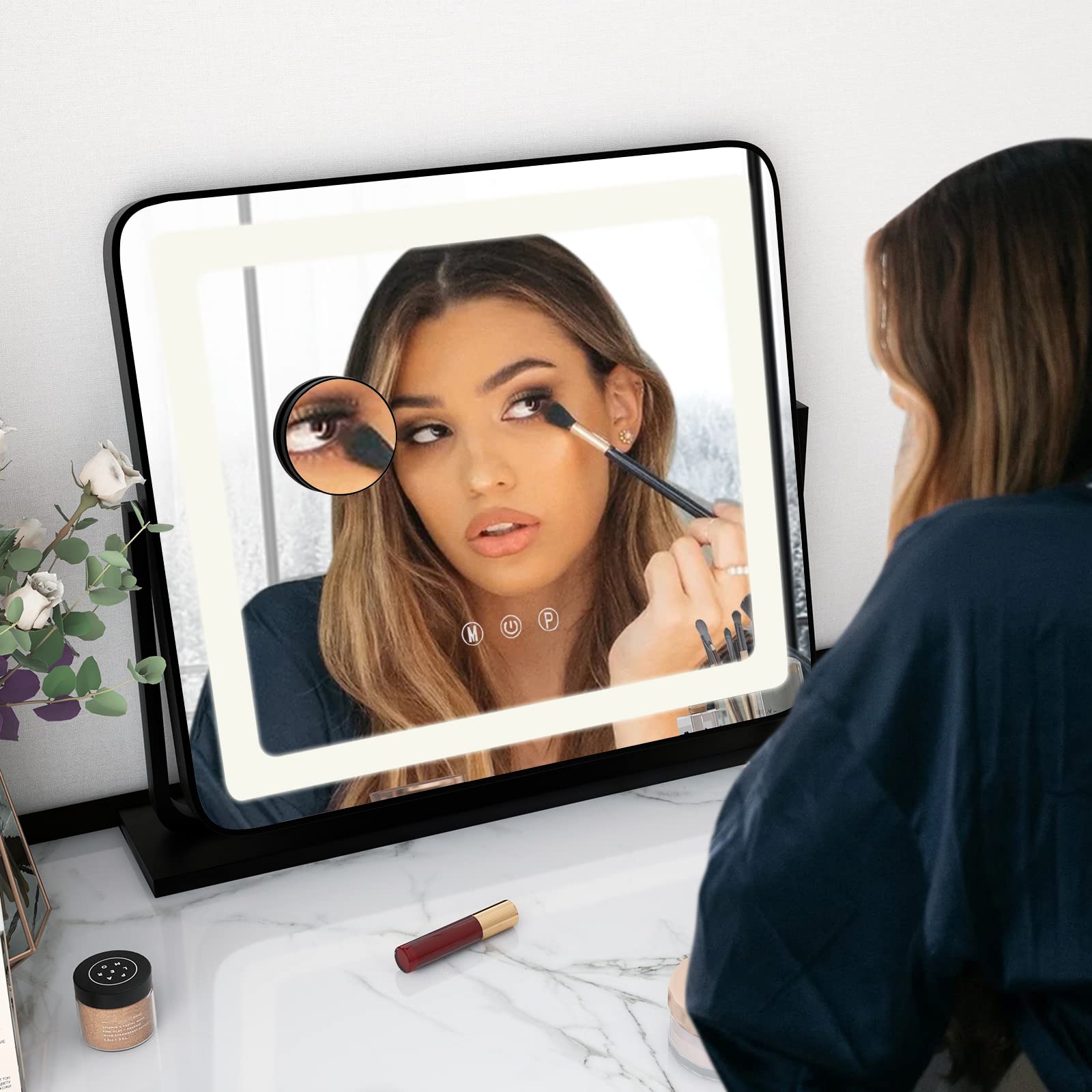 LIFEZEAL Espejo de Maquillaje con Luz, Espejo Hollywood con Led de 3 Colores, Espejo de Mesa con 5 aumentos y Smart Touch, Giratorio 360° y 3 Modos de Luminosidad, 50x44 cm