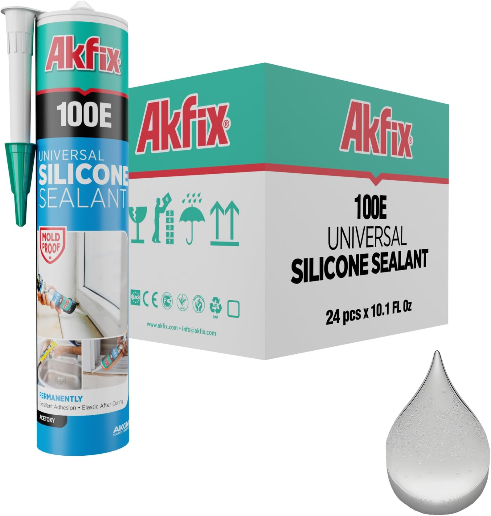 Akfix 100E RTV Translucent Silicone Caulk (24x10.1 fl.oz.)- 100% Waterproof Silicone Sealant for Kitchen and Bathroom, Shower, Bathtub, Toilet, Sink, Window & Door, No Discoloring |Translucent 24 Pack