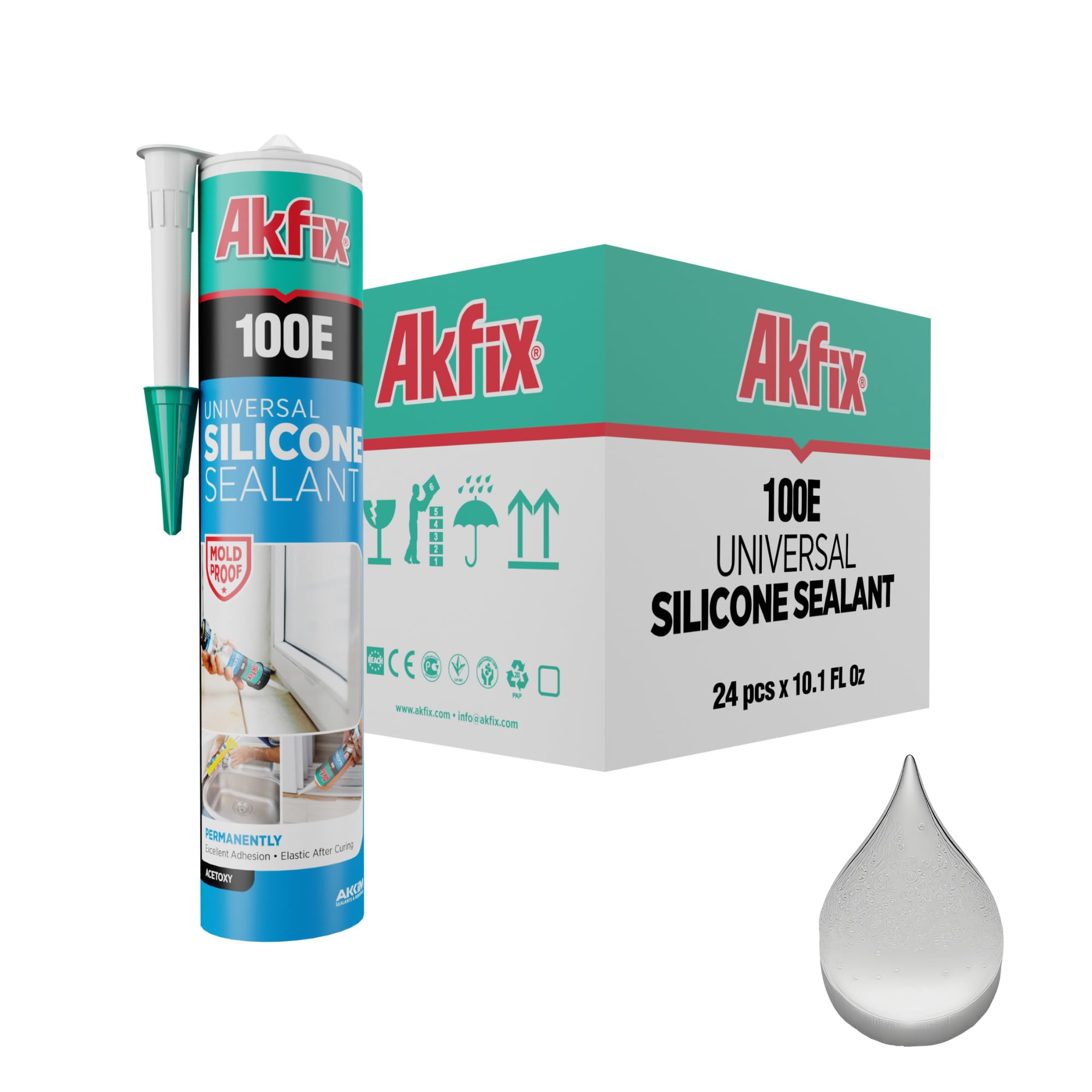Akfix 100E RTV Translucent Silicone Caulk (24x10.1 fl.oz.)- 100% Waterproof Silicone Sealant for Kitchen and Bathroom, Shower, Bathtub, Toilet, Sink, Window & Door, No Discoloring |Translucent 24 Pack