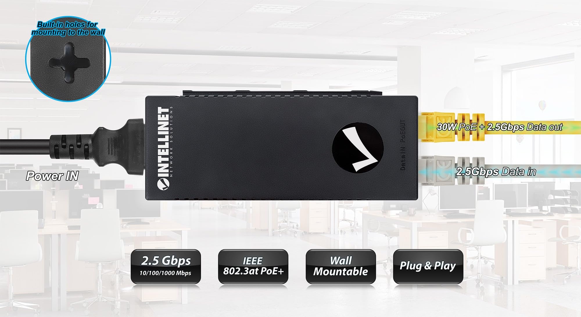 Intellinet 561570 Injecteur Poe+ High Power 2,5 G 30 W Noir
