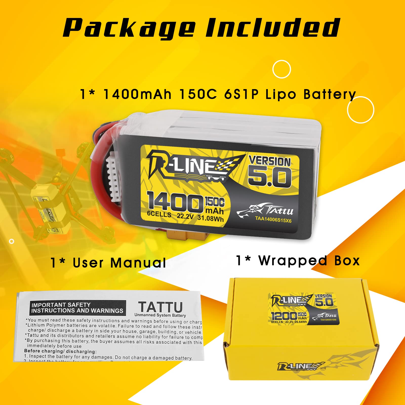 TATTU 6s Lipo Batería 1400mAh 150C 22.2V con XT60 Conector para FPV Racing RC Quadcopter Helicóptero Avión Multimotor Hobby DIY