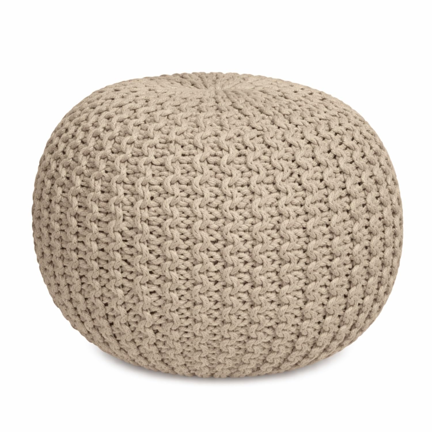 Crescent Textile Handmade Round Chunky Knitted Pouffe Footstool – Large 50x50x35cm Ottoman Pouffe in 100% Cotton Soft & Comfortable for Living Room, Footrest and Occasional Seating (Tan)