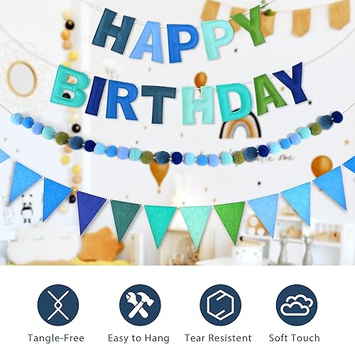 Miniatura 3 de CANREVEL Cartel de feliz cumpleaños 3D preencordado, 3 guirnaldas de fieltro azul, guirnalda de pompones, banderines de tela triangular,